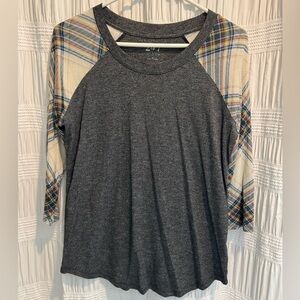 Maurices Gray Top with Plaid Sleeves